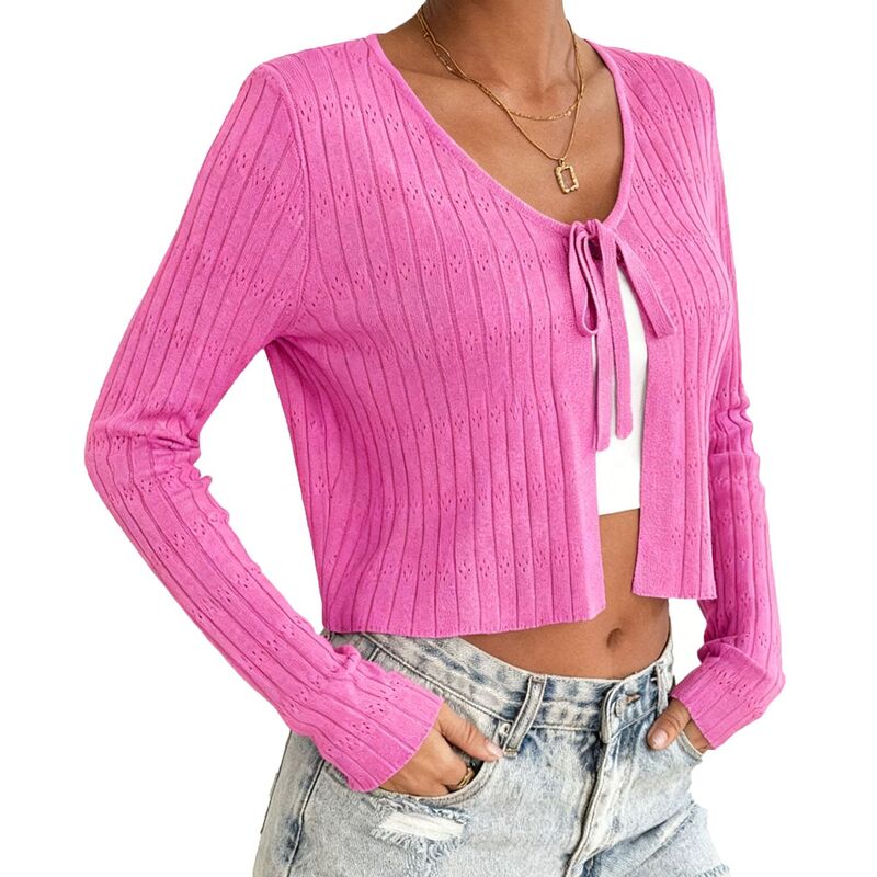 クリアフラワー レディース アウター ニット・セーター カーディガン ClearFlower Women'short Long Sleeve Tie-Front Casual Cover-Up Knit Cardigan Rose Pink ピンク｜ReVida 店