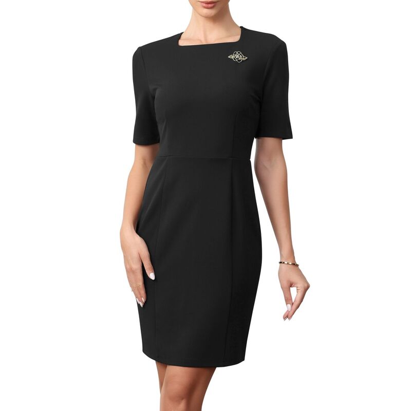 インスパイア シック レディース トップス ワンピース INSPIRE CHIC Sheath Pencil Dress for Women'square Neck Short Sleeve Work Business Casual Cocktail Dresses Black ブラック｜ReVida 店