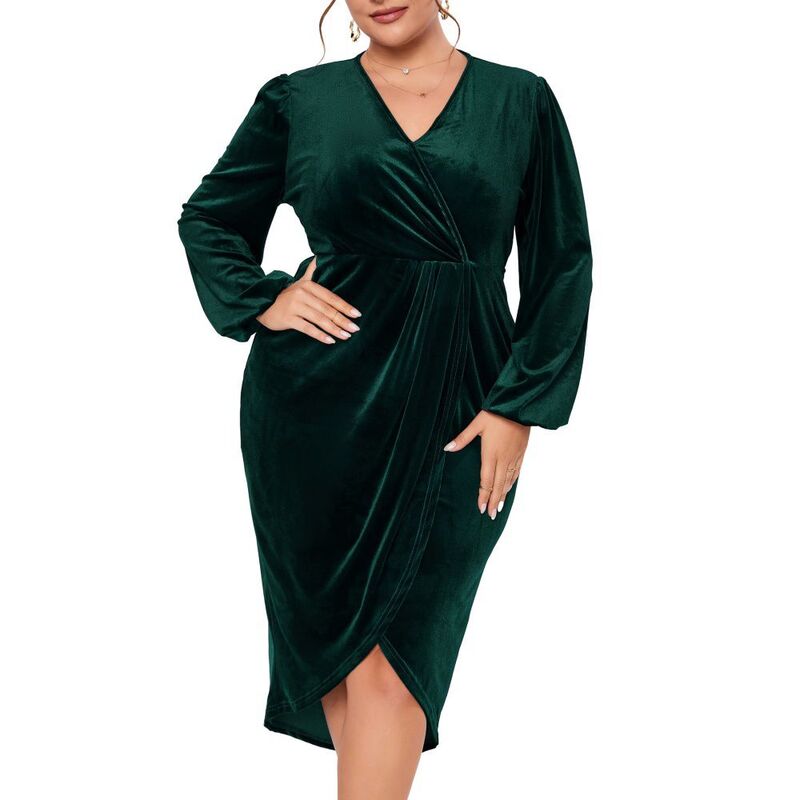 イエスファッション レディース トップス ワンピース Vネック プラスサイズ ギャザー ベルベット Yesfashion Womens Plusize Long Sleevelvet Bodycon Dresses Ruched Wrap Deep V Neck Party Cocktail Dress Dark Green グリーン｜ReVida 店