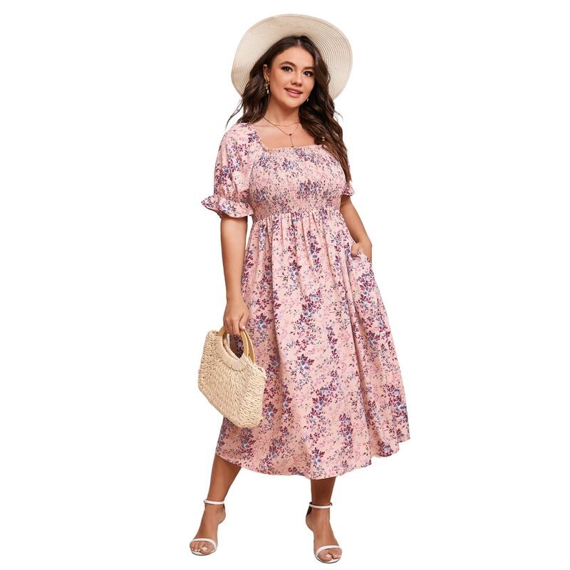 セオリア レディース トップス ワンピース フラワー柄 プラスサイズ フラワー Seoria Plusize Women Square Neck Puff Short Sleeve Floral Dress Pink ピンク｜ReVida 店