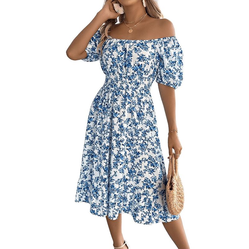 セオリア レディース トップス ワンピース A ライン Seoria Women Square Neck Puff Short Sleeve A Line Dress Blue ブルー｜ReVida 店