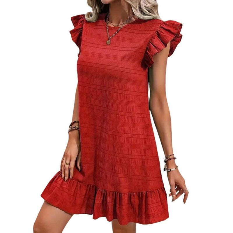 クリアフラワー レディース トップス ワンピース クルーネック フリル ミニ キャップ ClearFlower Women's Crew Neck Ruffle Cap Sleeve Casual Ruffled Hemini Dress Wine Red レッド｜ReVida 店 10,860円
