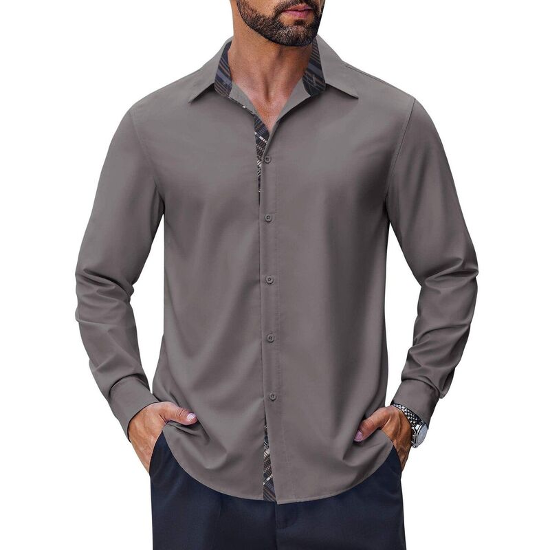 クーファンディ レディース トップス Tシャツ ボタンダウン COOFANDY Mens Casual Dresshirt Wrinkle Free Long Sleeve Soft Button Down Shirts Party Wedding Dark Grey グレー｜ReVida 店