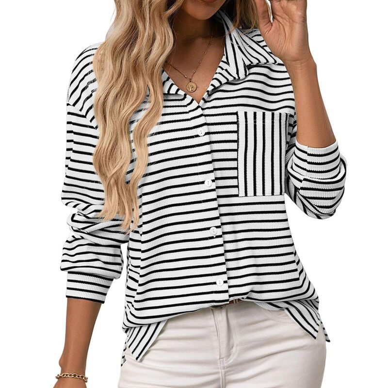 クリアフラワー レディース トップス シャツ ボタンダウン ブラウス ニット ClearFlower Women's Casual Waffle Knit Button Down Shirt Striped Long Sleeve Collared Blouse with Chest Pocket White ホワイト|ReVida 店
