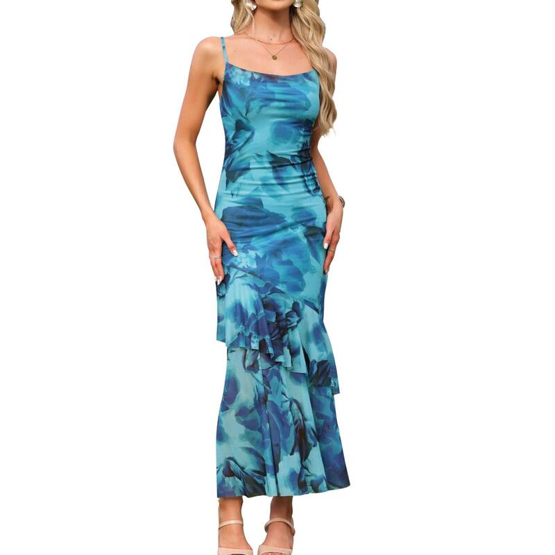 インスパイア シック レディース トップス ワンピース フラワー柄 フリル メッシュ マキシ フラワー INSPIRE CHIC Floral Mesh Maxi Dress for Women Ruffled Weddinguest Cocktail Party Bodycon Cami Dresses Lake Blue ブルー|ReVida 店