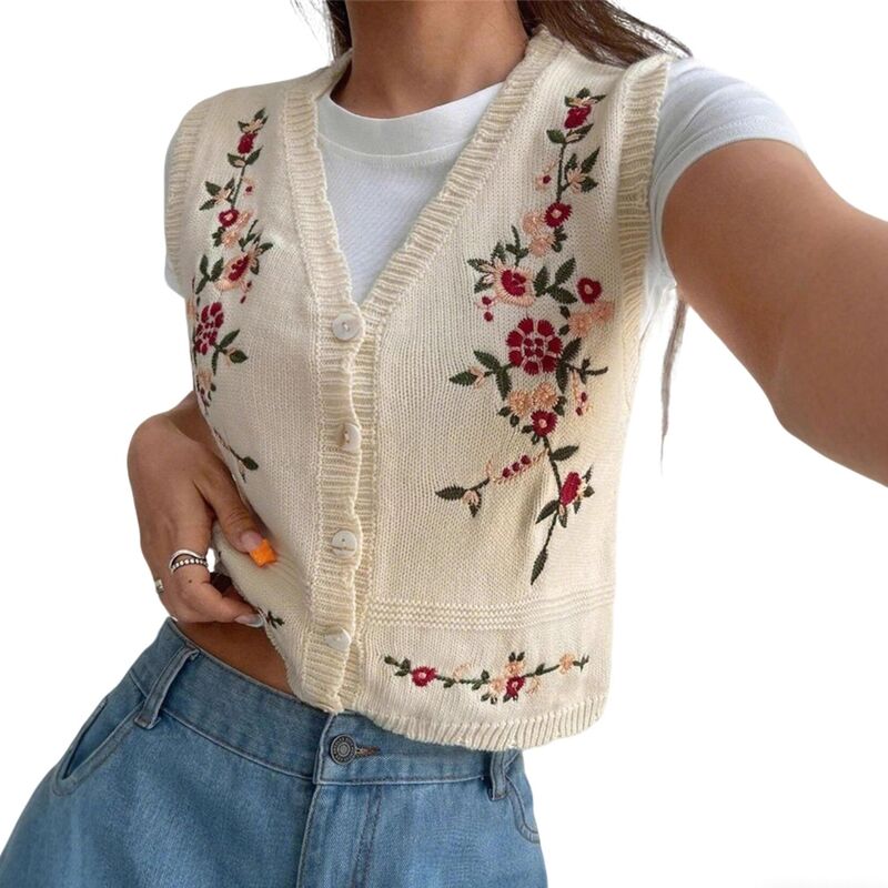 クリアフラワー レディース トップス シャツ Vネック フラワー柄 ベスト ノースリーブ 刺繍 ニット ClearFlower Womens V-Neck Floral Embroidered Button Front Crop Knit Vest Sleevelessummer Casual Top Soft Shirt Apricot アプリコット|ReVida 店