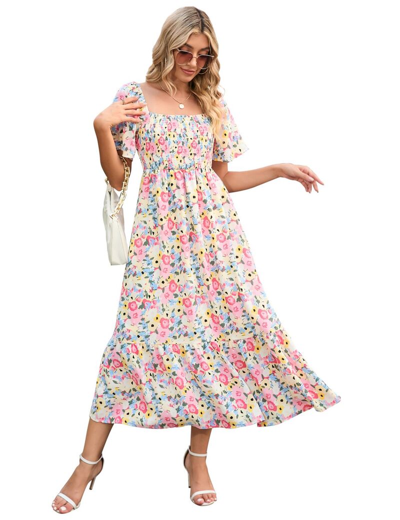 エリートチョイス レディース トップス ワンピース フラワー柄 フラワー Elitechoice Women'square Neck Boho Floral Short Sleeve Casual Dress Pink Flower ピンク｜ReVida 店