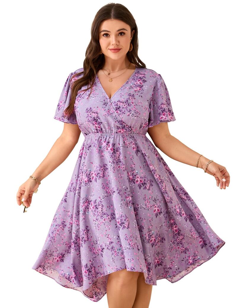 ファンジュライ レディース トップス ワンピース Vネック アシンメトリー プラスサイズ FUNJULY Women's Plusize Short Sleeve V-Neck Asymmetric Hem Dress Purple Pink ピンク|ReVida 店