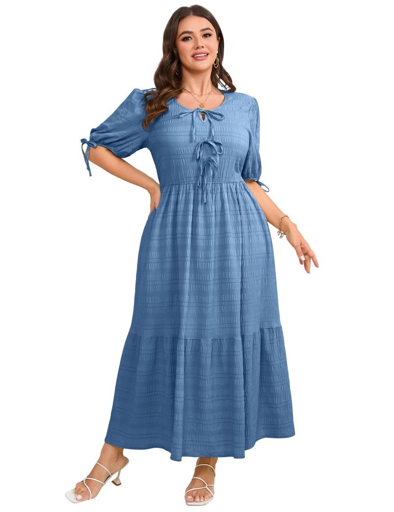 ファンジュライ レディース トップス ワンピース Vネック プラスサイズ ミディ FUNJULY Women's Plusize V-Neck Bowknotie Front Short Sleeve Midi Dress Navy Blue ネイビー|ReVida 店