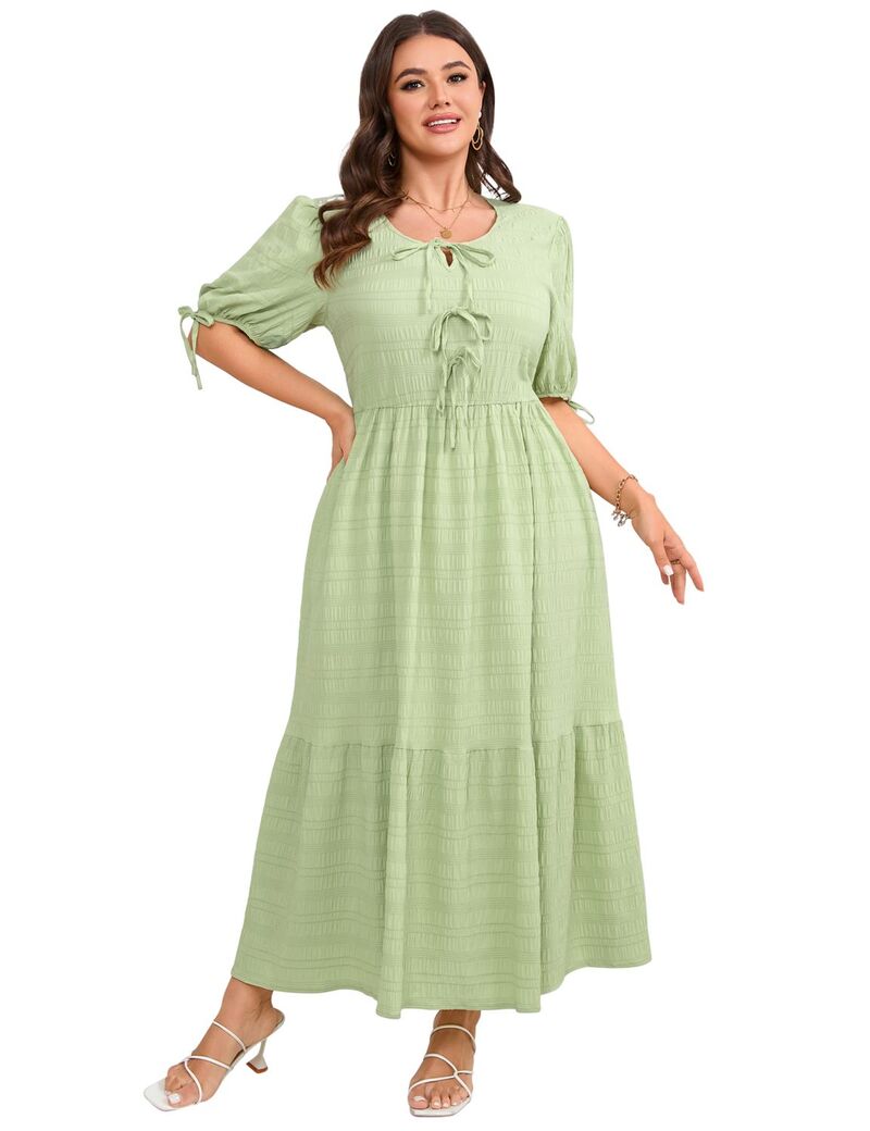 ファンジュライ レディース トップス ワンピース Vネック プラスサイズ ミディ FUNJULY Women's Plusize V-Neck Bowknotie Front Short Sleeve Midi Dress Tender Green グリーン|ReVida 店