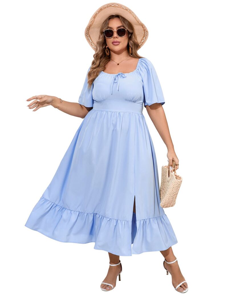ファンジュライ レディース トップス ワンピース フロントスリット プラスサイズ フリル FUNJULY Womens Plusize Ruffle Short Sleeve Tie Front Slit Hem Dress Light Blue ブルー｜ReVida 店