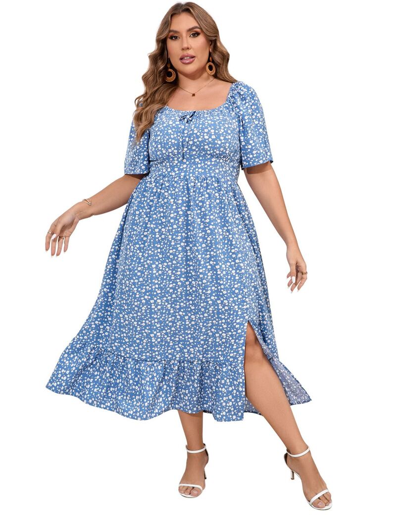 ファンジュライ レディース トップス ワンピース フロントスリット プラスサイズ フリル FUNJULY Womens Plusize Ruffle Short Sleeve Tie Front Slit Hem Dressky Blue Floral ブルー|ReVida 店