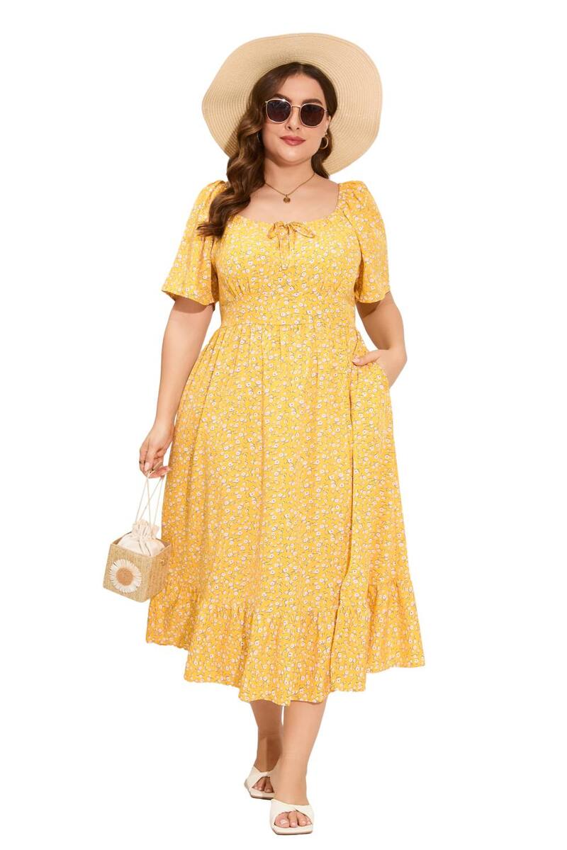 ファンジュライ レディース トップス ワンピース フロントスリット プラスサイズ フリル FUNJULY Womens Plusize Ruffle Short Sleeve Tie Front Slit Hem Dress Yellowhite Flower ホワイト｜ReVida 店