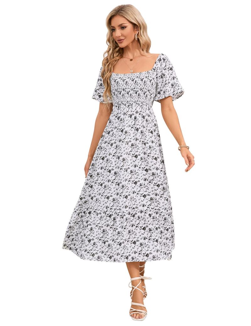 ファンジュライ レディース トップス ワンピース フラワー柄 フラワー FUNJULY Womenshort Sleeve Square Neck Boho Floral Casual Dress White ホワイト|ReVida 店