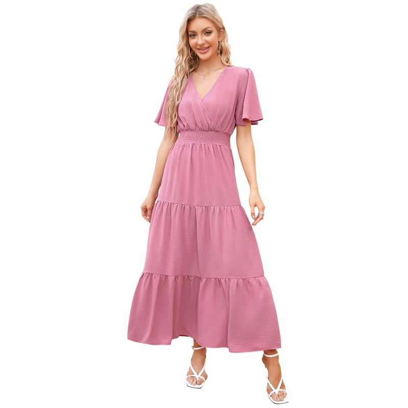 セオリア レディース トップス ワンピース Vネック Seoria Women Casual V Neck Short Sleeve Flowy Dress Pink ピンク｜ReVida 店
