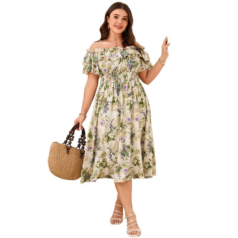 セオリア レディース トップス ワンピース プラスサイズ フリル Seoria Plusize Women's Elegant Elastic Ruffle Sleeve Dress White Green ホワイト|ReVida 店