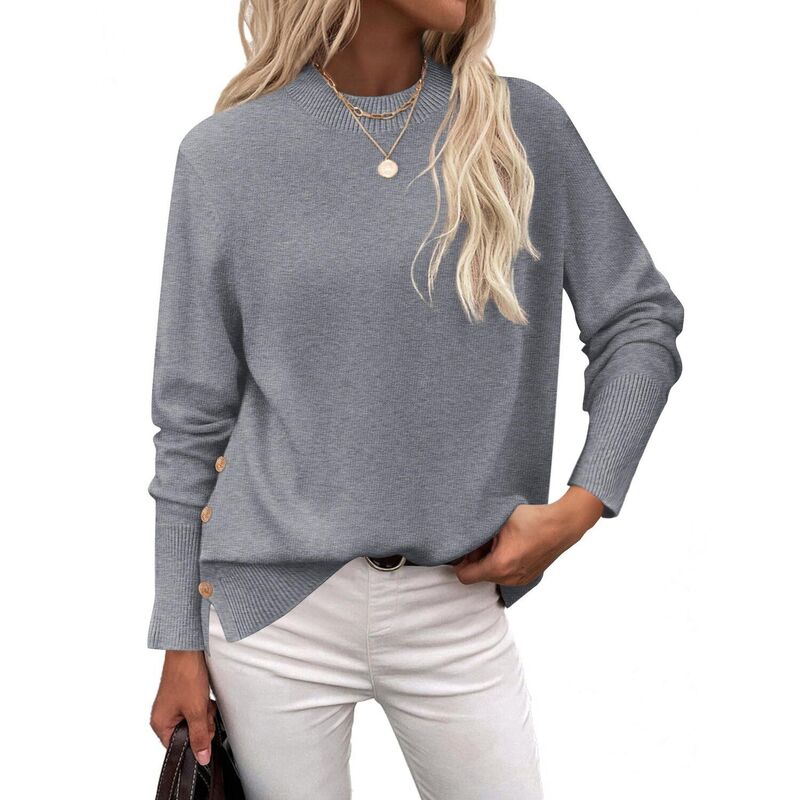 ジーグー レディース アウター ニット・セーター クルーネック Zeagoo Womensweaters Crewneck Loose Side Button Slit Long Sleeve Tunic Knit Pullover Tops Grey グレー｜ReVida 店