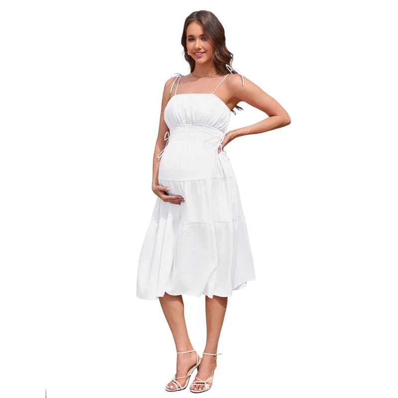コジョイン レディース トップス ワンピース マタニティ Kojooin Women Maternity Drawstring Dressolid Spaghetti Strap Sundress White ホワイト｜ReVida 店