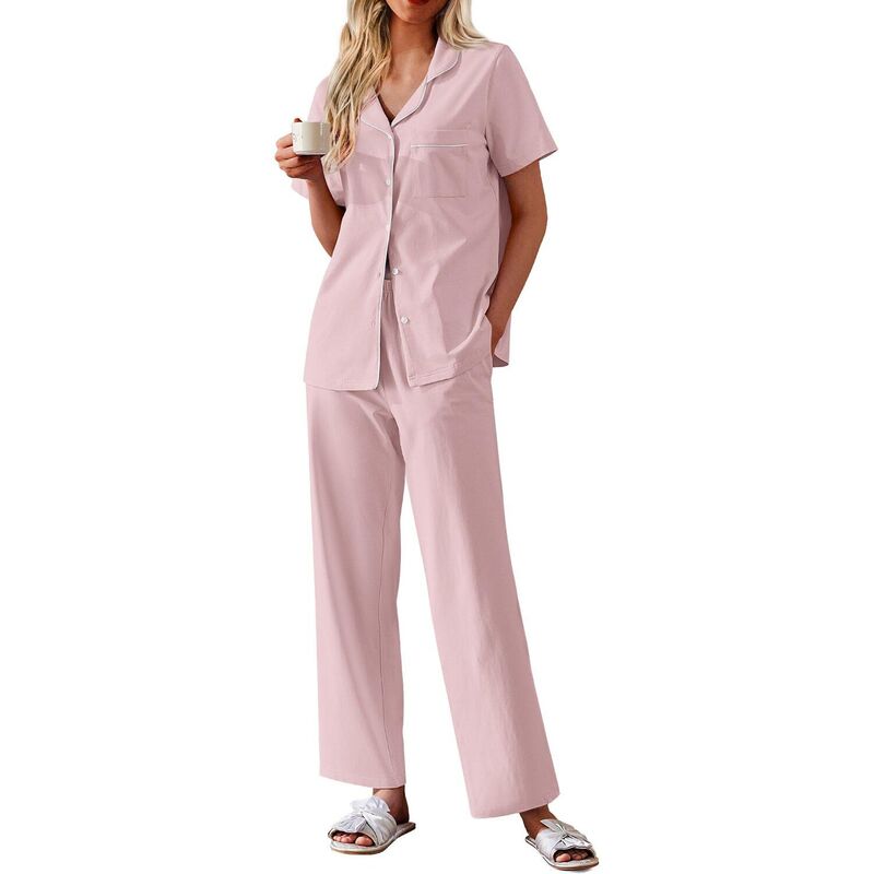エコアー レディース アンダーウェア ナイトウェア ボタンダウン コットン ダウン Ekouaer Women's Cotton Pajamaset Short Sleeve Button Down Pjs 2 Piece Soft Sleepwear Pink ピンク｜ReVida 店