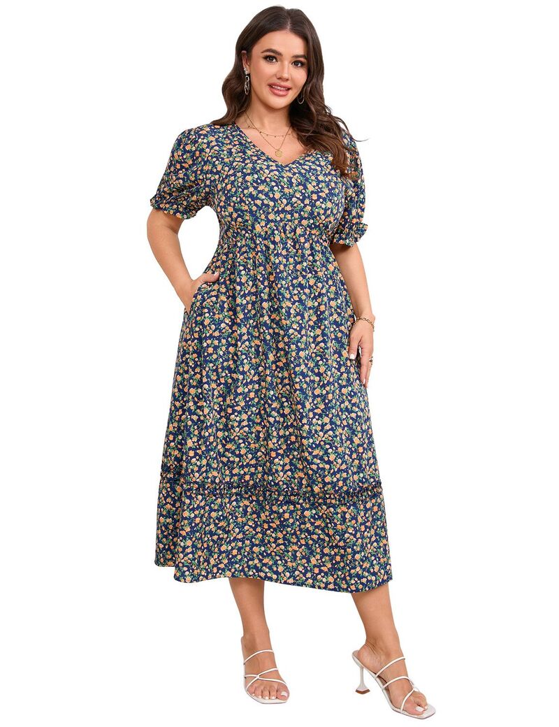 ファンジュライ レディース トップス ワンピース Vネック ハイウエスト プラスサイズ プリント ミディ FUNJULY Women's Plusize V Neck High Waist Printed Midi Dress with Pockets Blue Orange Flower ブルー｜ReVida 店