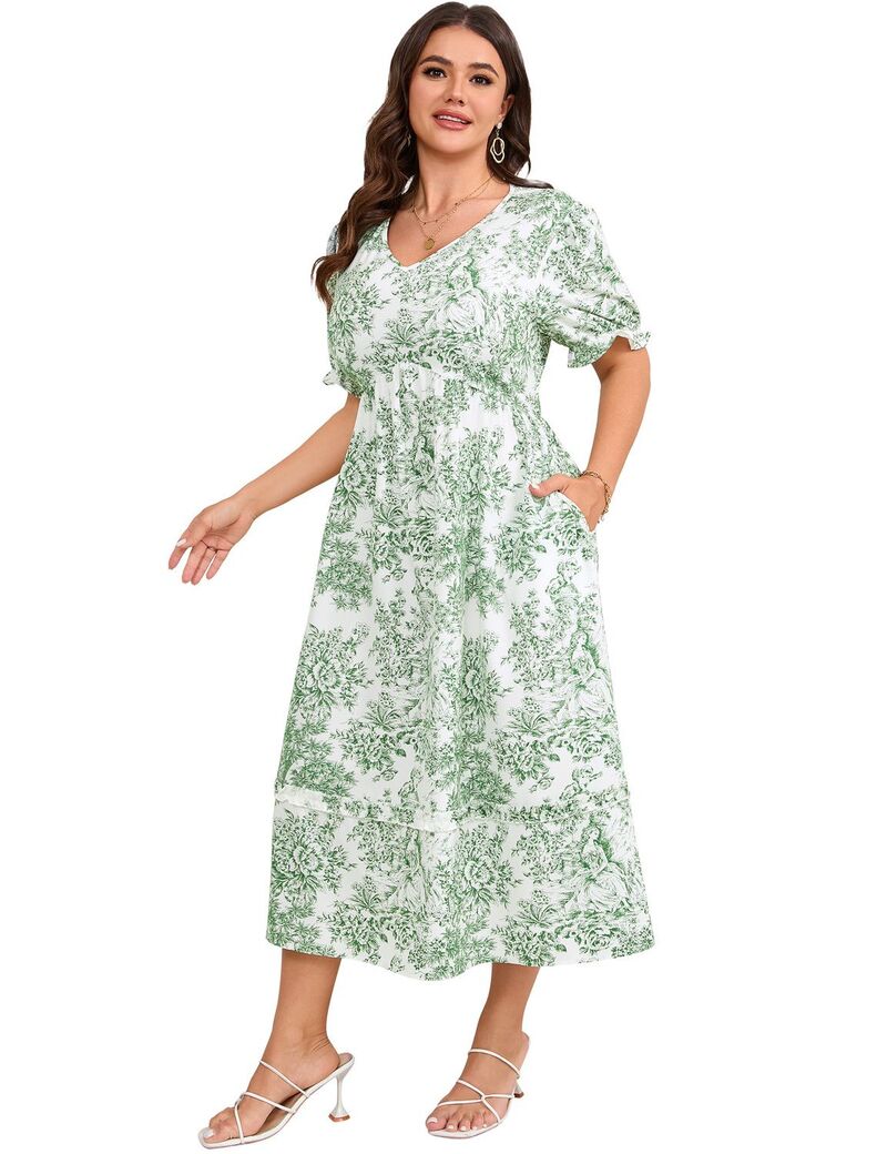 エリートチョイス レディース トップス ワンピース Vネック ハイウエスト プラスサイズ ミディ Elitechoice Women's Plusize V Neck High Waist Midi Dress with Pockets Green Flower グリーン|ReVida 店