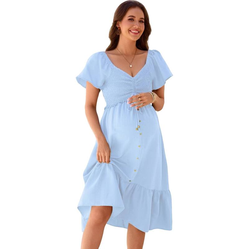 ミスキー レディース トップス ワンピース フリル裾 Vネック フリル ミディ シャーリング マタニティ MISSKY Women's Maternity V-Neck Flutter Sleeve Smocked Ruffle Hemidi Dress Light Blue ブルー|ReVida 店