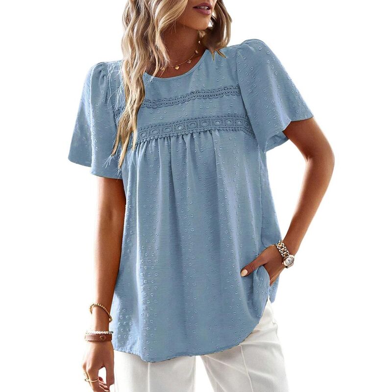 コジョイン レディース トップス Tシャツ シフォン クルーネック ブラウス レース Kojooin Womensummer Tops Crewneck Short Sleeve Shirts Casual Chiffon Blouses Flowy Lace Hem Boho Clothing Blue ブルー｜ReVida 店