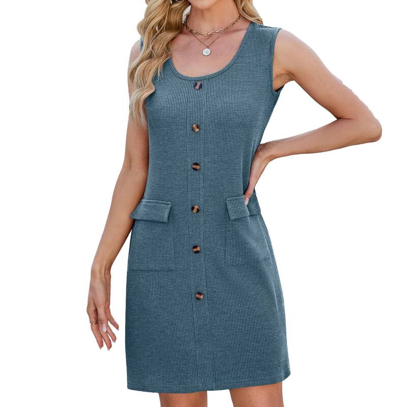 コジョイン レディース トップス ワンピース クルーネック ミニ Tシャツ ノースリーブ Kojooin Women'sleeveless Crewneck Button Tank Mini Dresshort-Shirt Sundress with Pockets Dark Blue ブルー|ReVida 店