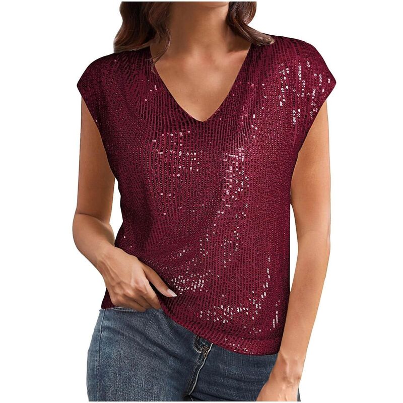 コジョイン レディース トップス シャツ Vネック スパンコール ノースリーブ Kojooin Women Sequin Top Sparkle Sleevelesshimmer Tanks Topsummer V Neck Fashion Shirts for Party Night Wine Red レッド|ReVida 店