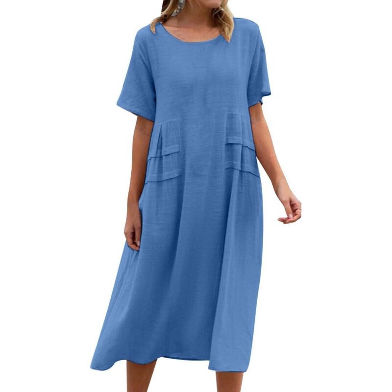 ボディサイズ レディース トップス ワンピース ミディ コットン リネン BODDYSIZE Women's Casual Round Neck Midi Dresshort Sleeve Flowy Cotton Linen Dress Loose Solid Color Dress Blue ブルー|ReVida 店