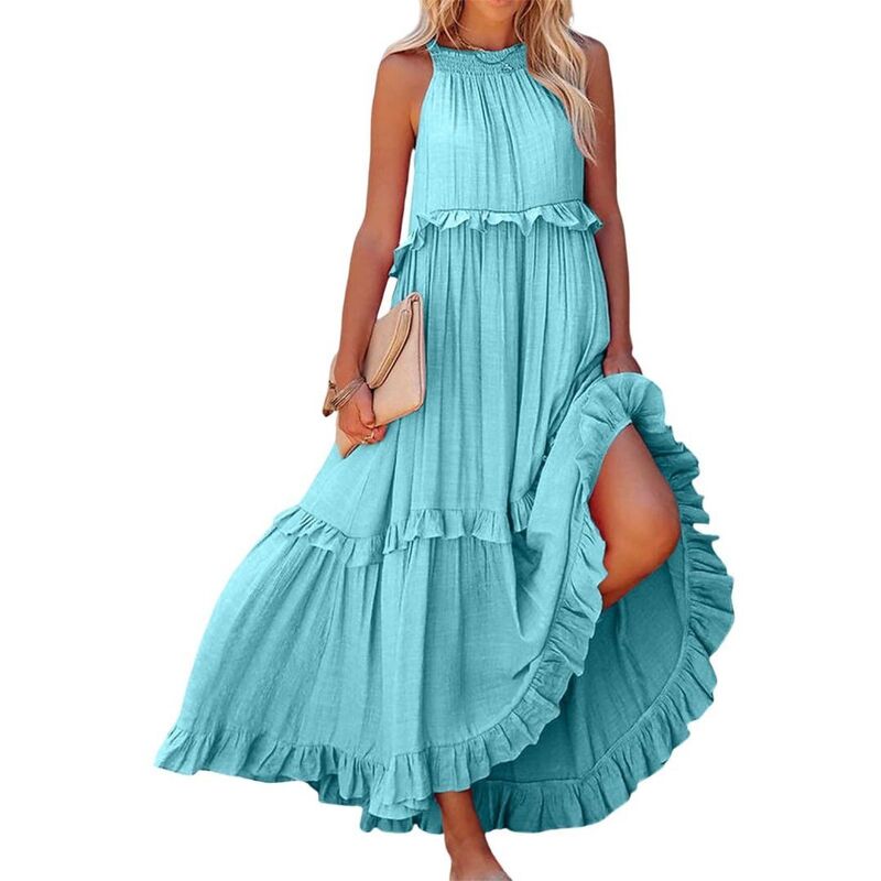 ボディサイズ レディース トップス ワンピース 背中開き フリル ノースリーブ ホルター BODDYSIZE Women'sleeveless Halter Neck Layeredress Flowing Ruffled Long Dress Backless Layered Sundress Light Blue ブルー｜ReVida 店 10,136円