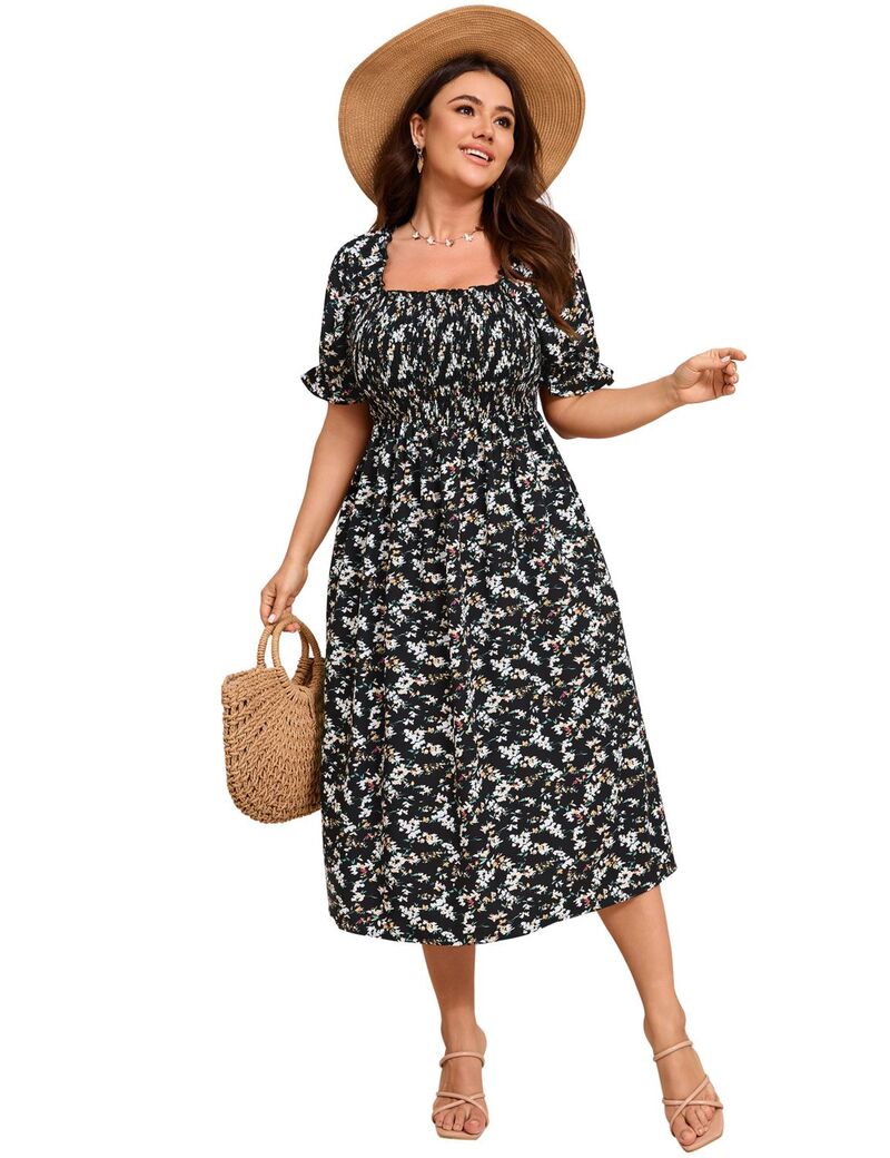 ファンジュライ レディース トップス ワンピース フラワー柄 プラスサイズ フラワー FUNJULY Women's Plusize Puff Sleeve Floral Dressquare Neck Casual Dress Black ブラック|ReVida 店