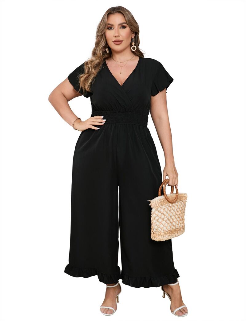 ファンジュライ レディース トップス ワンピース ワイドレッグ プラスサイズ ジャンプスーツ FUNJULY Women Plusize One Piece Outfit Elastic Waist Wide Leg Jumpsuitsolid Black ブラック|ReVida 店