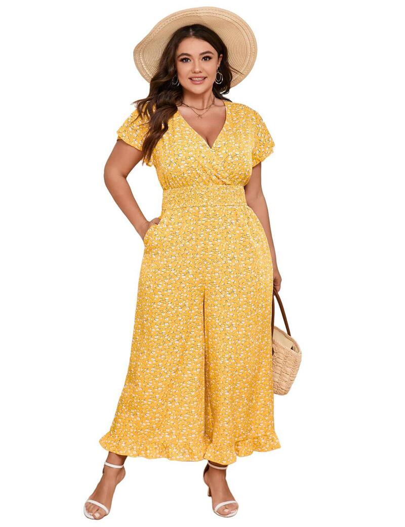 ファンジュライ レディース トップス ワンピース ワイドレッグ プラスサイズ ジャンプスーツ FUNJULY Women Plusize One Piece Outfit Elastic Waist Wide Leg Jumpsuits Yellow イエロー|ReVida 店