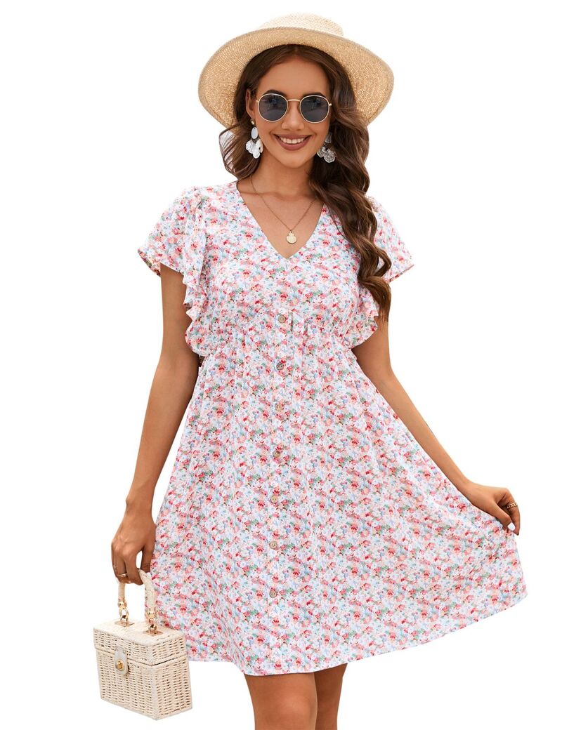 ファンジュライ レディース トップス ワンピース Vネック FUNJULY Women'short Sleeve Babydoll Dress V-Neck Button Front Pink Flower ピンク｜ReVida 店