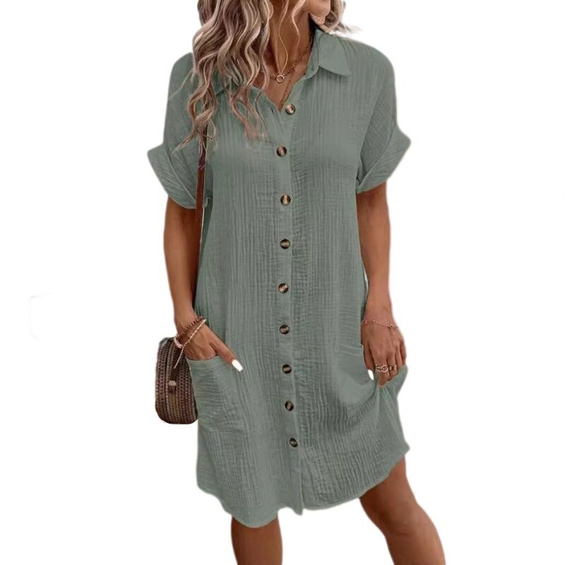 イエスファッション レディース トップス ワンピース Vネック ミディ Yesfashion Women'summer Dressesimple V-neck Button Solid Color Casual Midi Dress Gray グレー|ReVida 店