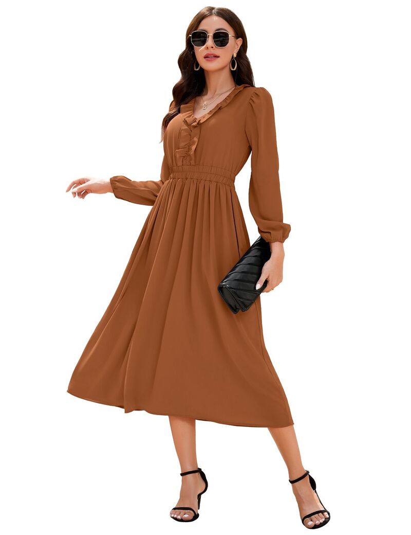 ファンジュライ レディース トップス ワンピース Vネック A ライン フリル ミディ シャーリング FUNJULY Women's Ruffled Long Sleeve V-Neck Midi Dress with Smocked Waist Flowy A-Line Dress Brown ブラウン｜ReVida 店