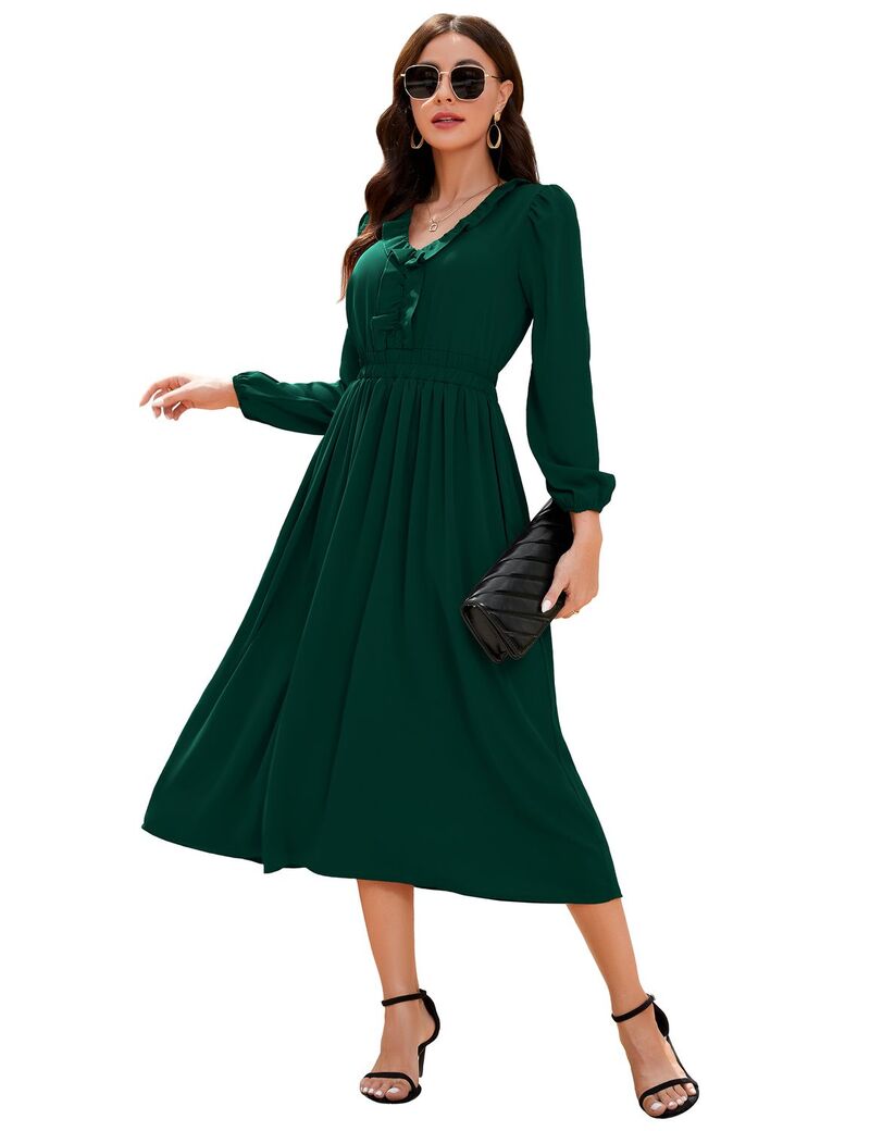 ファンジュライ レディース トップス ワンピース Vネック A ライン フリル ミディ シャーリング FUNJULY Women's Ruffled Long Sleeve V-Neck Midi Dress with Smocked Waist Flowy A-Line Dress Green グリーン｜ReVida 店