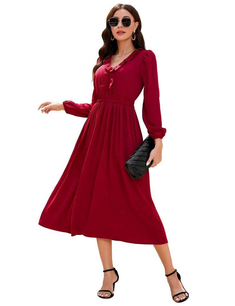 ファンジュライ レディース トップス ワンピース Vネック A ライン フリル ミディ シャーリング FUNJULY Women's Ruffled Long Sleeve V-Neck Midi Dress with Smocked Waist Flowy A-Line Dress Red レッド｜ReVida 店