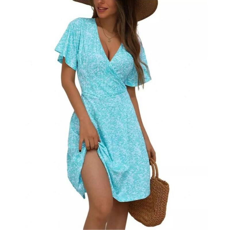 ボディサイズ レディース トップス ワンピース Vネック フラワー柄 フリル ミニ フラワー BODDYSIZE Womensummer V Neck Floral Dress Wrap Bodice Ruffled Short Sleeve Flared Hem Casual Mini Dress Royal Green グリーン｜ReVida 店