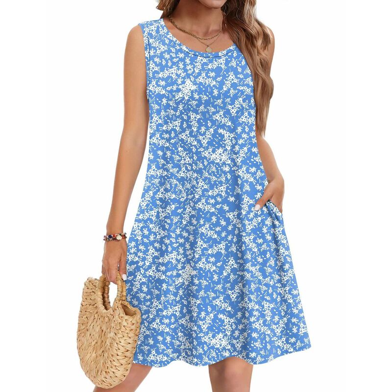 ジーグー レディース トップス ワンピース A ライン フラワー柄 ミニ ノースリーブ フラワー Zeagoo Women's Casual Sleeveless Mini Dress A-Line Boho Beach Dress with Pockets Floral Sundress Blue Floral ブルー|ReVida 店