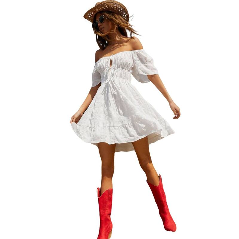 コジョイン レディース トップス ワンピース ミニ シャーリング Kojooin Women's Tie-Front Flutter Sleeve Mini Dress Boho Smocked Summer Babydoll Dress White ホワイト|ReVida 店