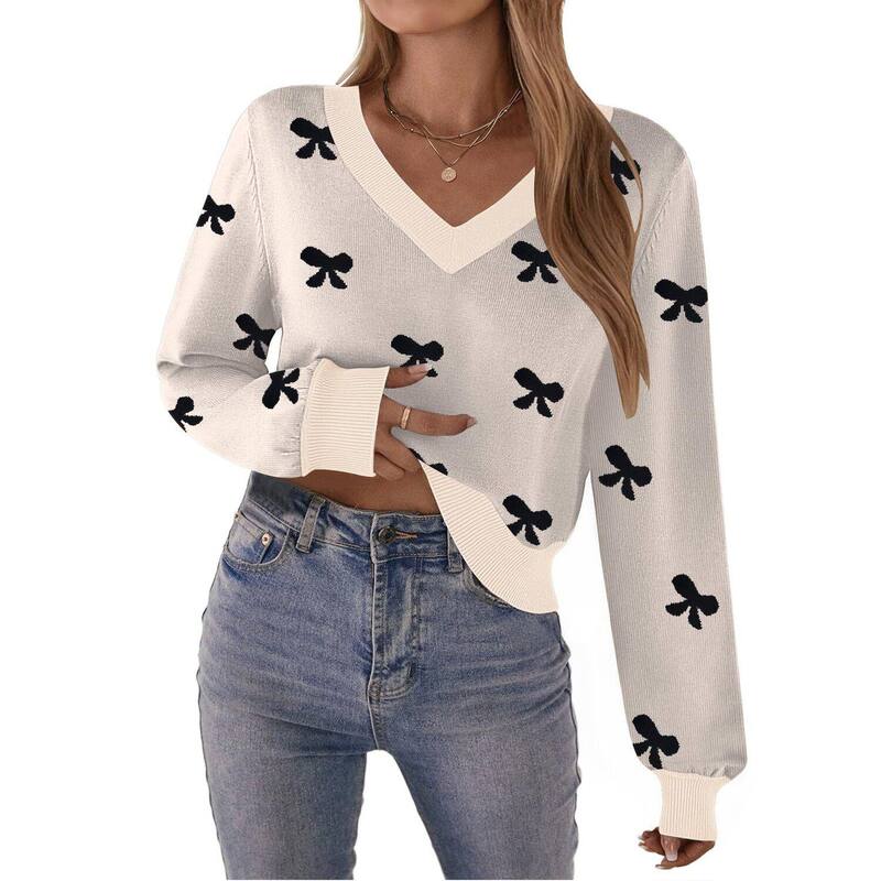 ジーグー レディース アウター ニット・セーター Vネック Zeagoo Women's Long Sleeve Lightweight V-Neck Soft Basic Knit Crop Sweater Tops Bowknot Beige ベージュ|ReVida 店