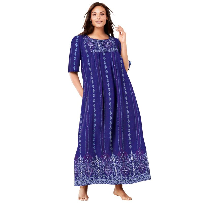 オンリーネセシティーズ レディース アンダーウェア ナイトウェア プラスサイズ プチ マキシ Only Necessities Plusize Petite Bib-Front Short Sleeve Maxi Lounger Blue Sapphire Gem ブルー｜ReVida 店