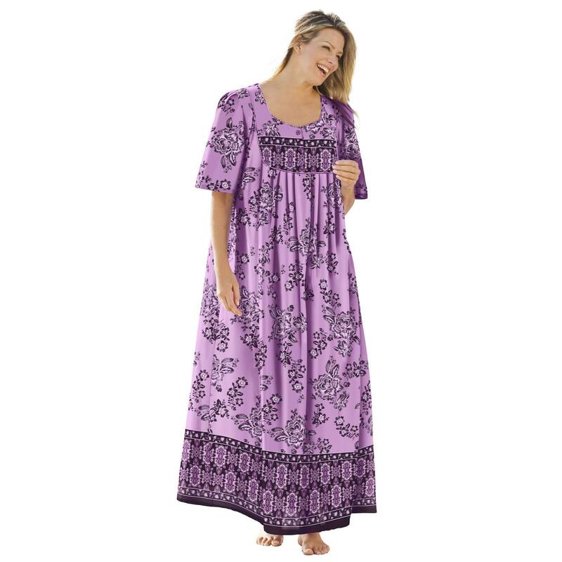 オンリーネセシティーズ レディース アンダーウェア ナイトウェア プラスサイズ プチ マキシ Only Necessities Plusize Petite Bib-Front Short Sleeve Maxi Lounger Light Orchid Floral｜ReVida 店