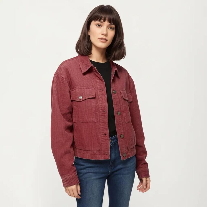 アンナカシ レディース アウター 上衣・上衣 コール天 Anna-Kaci Women\u0027s Button Front Utility Jacket with Soft Corduroy Texture and Structured Collar Design Burgundy バーガンディ