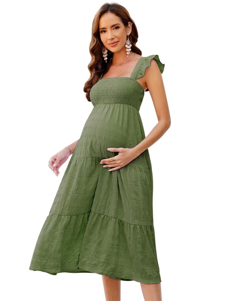 エリートチョイス レディース トップス ワンピース ティアード フリル ミディ マタニティ フラワー Elitechoice Maternity Ruffle Sleeve Tieredress FloralMidi Dress for Baby Shower Photoshoot Army Green グリーン|ReVida 店
