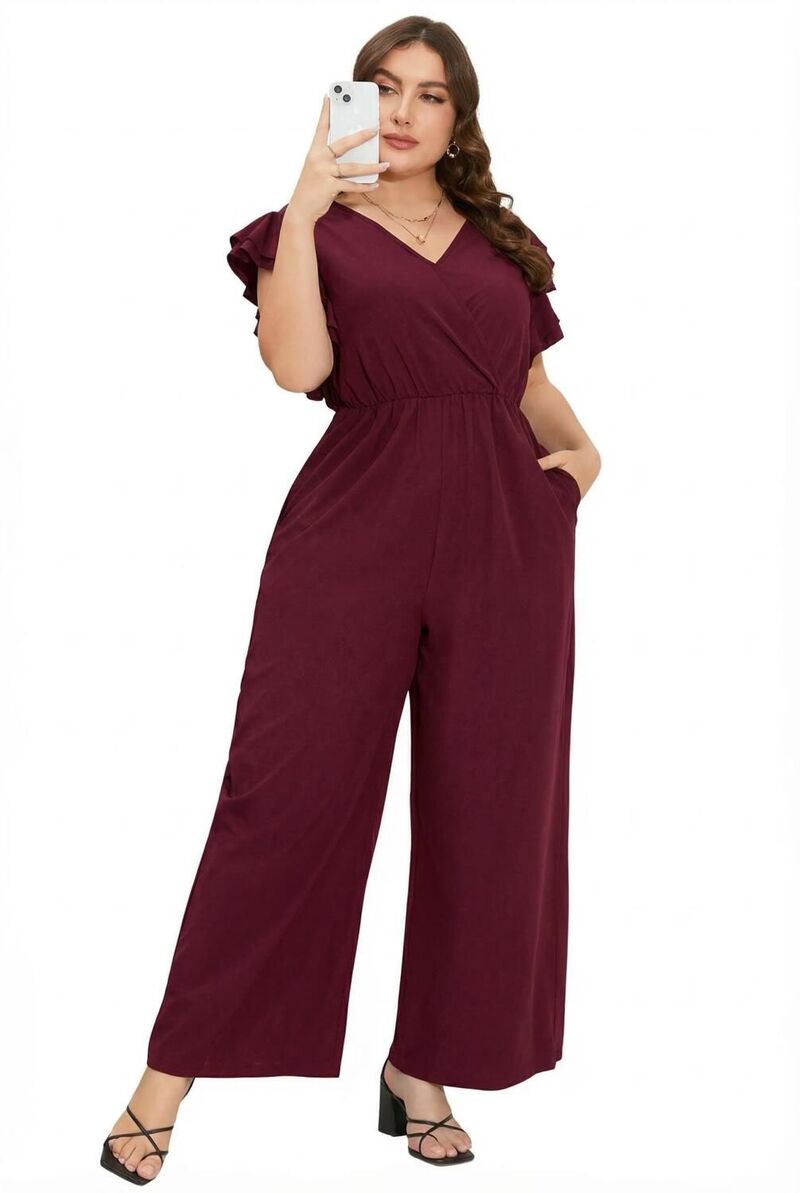 エリートチョイス レディース トップス ワンピース ワイドレッグ プラスサイズ ジャンプスーツ Elitechoice Women's Plusize Wide Leg Jumpsuit Short Sleeve with Pockets Wine Red レッド|ReVida 店