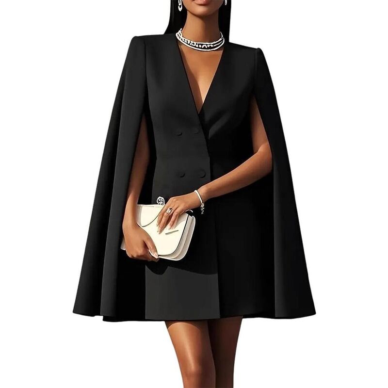 ファンジュライ レディース トップス ワンピース Vネック ケープデザイン ミニ ブレザー キャップ ケープ FUNJULY Women's Double Breasted V Neck Cape Sleeve Blazer Mini Dress for Office Party Black ブラック｜ReVida 店