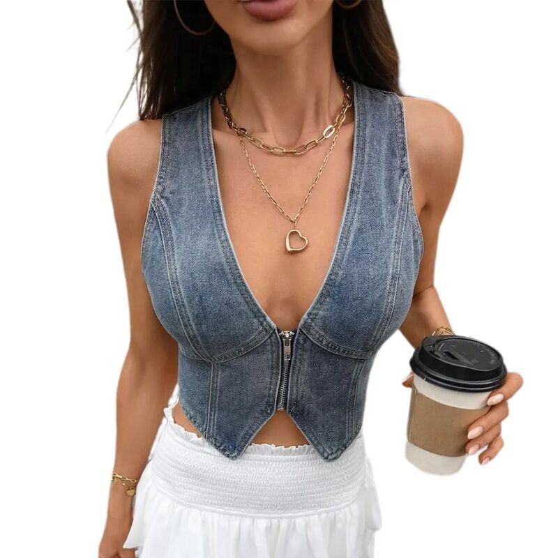 イエスファッション レディース トップス Tシャツ Vネック ベスト ノースリーブ デニム Yesfashion Women'sleeveless V Neck Zipper Crop Jean Vest Retro Streetwear Tank Top Short Denim Vest Blue ブルー｜ReVida 店